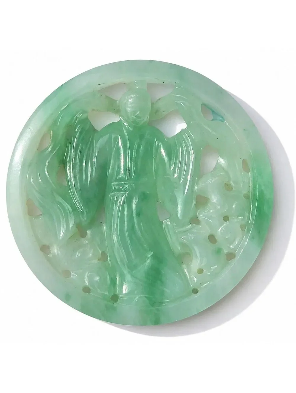 Vintage Carved Pale Green Jade Pierced Openwork Medallion Pendant Figure 2